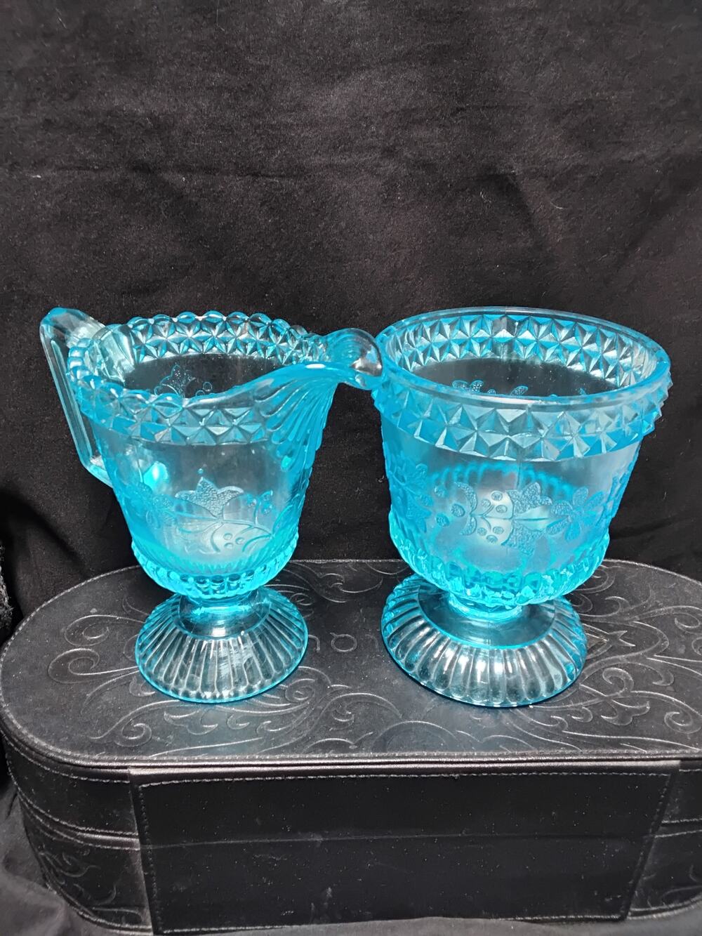 EAPG 1880 's Creamer & Sugar set by Adam's Glass Wildflower pattern Peacock Blue
